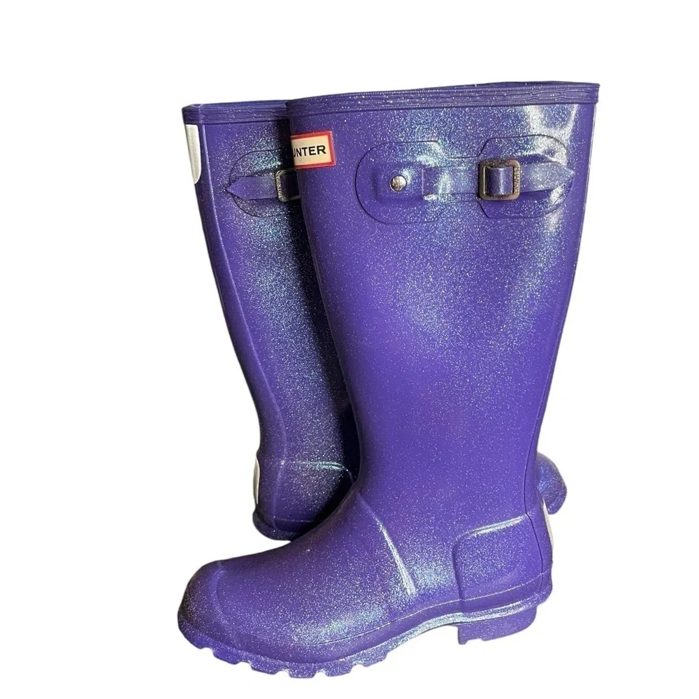 Hunter Youth Classic Tall Rain Boots Starcloud Glitter Top Buckle Size B5/G6